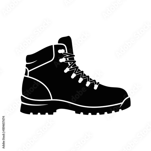 Black hiking boot with laces and thick sole, isolated on