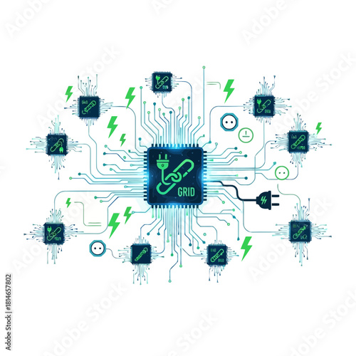Digital circuit board with interconnected nodes and energy flow symbols representing technology and connectivity