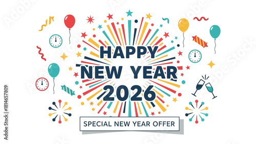 New Year Celebration: A vibrant digital illustration declaring Happy New Year 2026 framed by festive elements, radiating joy and anticipation for the coming year.