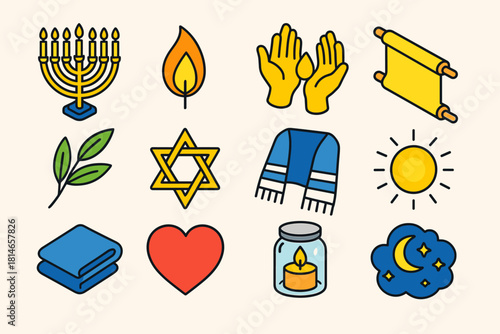 Sacred Candle Set Icons. Sacred Candlelight flat icons set. menorah, flame, open hands, scroll, olive leaf, star, prayer shawl, glowing light, blue cloth, heart, candle jar, night