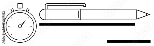Stopwatch alongside a pen with bold lines suggesting writing tasks and timed goals. Ideal for productivity, time tracking, planning, organization, education, creativity, efficiency. Simple flat