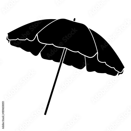 Black beach umbrella with decorative scalloped edge and a long pole, isolated on