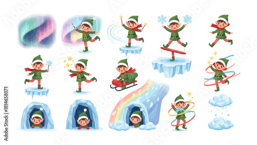 Whimsical Elf Delights: An array of charming elves frolic in a winter wonderland, each engaged in unique activities like ice skating, sledding, and magical displays, bringing a touch of festive cheer.