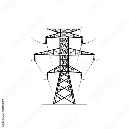 Electric power transmission tower with detailed structure and lines on
