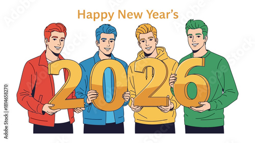 Happy New Year 2026 Celebration: Four men, representing the coming year, joyfully holding the numbers 2026. A vibrant display of unity and anticipation for new beginnings.