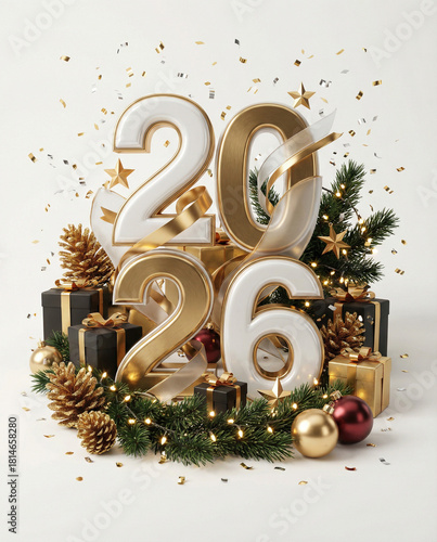 Luxury 2026 New Year Isolated Design with Gold Stars and Gift Boxes