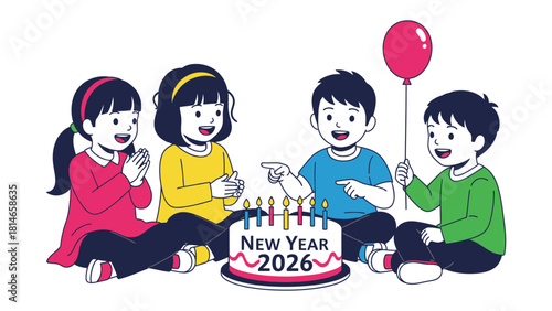 New Year 2026 Celebration: A cheerful gathering of children comes together to celebrate new year. the kids, surrounded by a celebratory cake and a vibrant balloon, celebrate the start of the year
