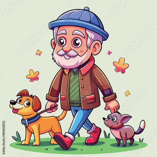 Joyful elderly man with two happy dogs enjoying a walk outdoors