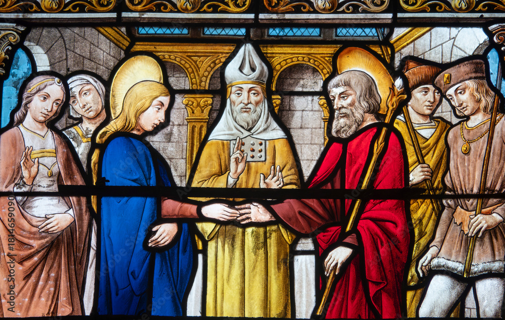 Fototapeta premium Stained glass (19th century) of Holy family: The wedding of Mary and Joseph.