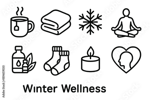 Winter Wellness Icons. Winter Wellness Week linear icon set: hot tea mug, cozy blanket, snowflake icon, yoga pose, essential oils, warm socks, candle flame, mindfulness heart