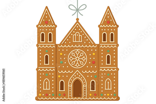 Gingerbread Cathedral Ornament. Gingerbread cathedral ornament, complete with two tall towers and detailed icing patterns. The structure is adorned with tiny candy. Vector illustration