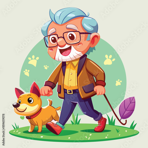Joyful elderly man with glasses happily walks his small dog outdoors