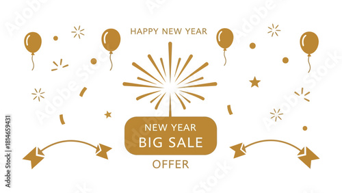 New Year Big Sale Offer: Festive balloons and fireworks, symbols of celebration.