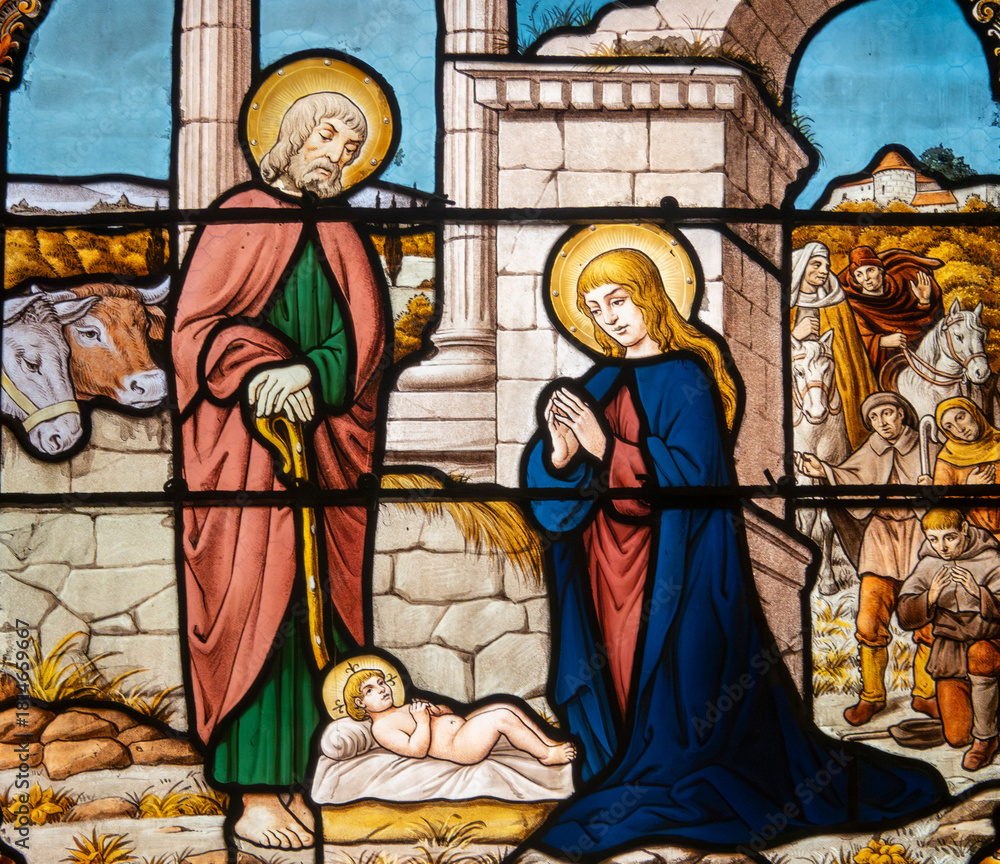 Fototapeta premium Stained glass (19th century) of Christmas Nativity Scene with Virgin Mary, Saint Joseph, and Jesus baby.