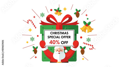 Christmas special offer: a festive illustration of santa holding a gift box with a christmas offer in the center. the image conveys holiday celebration, with the gift box prominently featured.