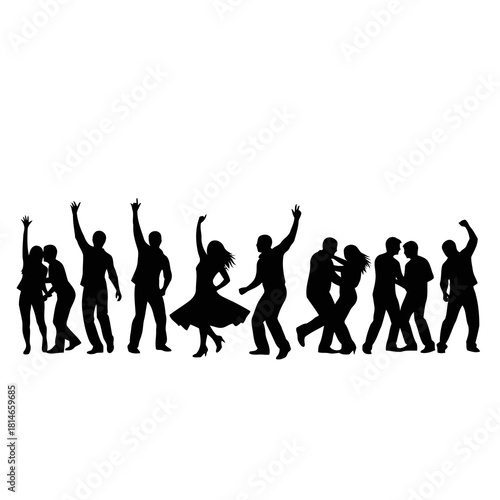 Silhouettes of people dancing and celebrating in a line, enjoying a party with raised hands and various poses