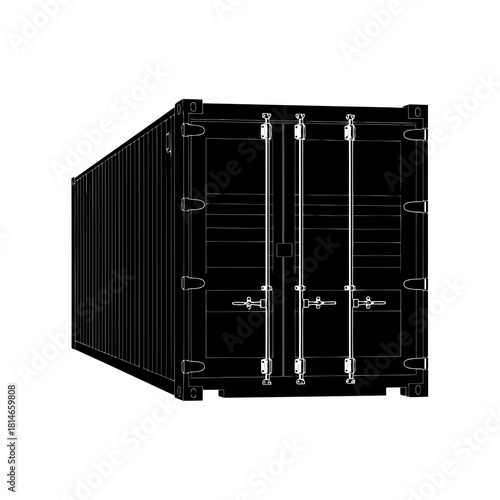 Black shipping container with double doors and metal reinforcements, isolated on