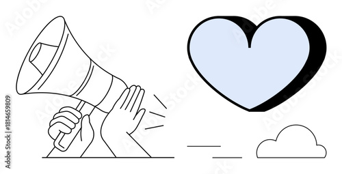 Hands holding megaphone projecting sound toward large heart and cloud. Ideal for communication, love, advocacy, social awareness, kindness, connection, positivity. Simple flat metaphor