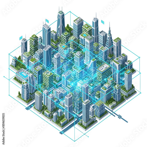 3d illustration of a futuristic city with glowing blue lines and buildings, showcasing a modern urban landscape