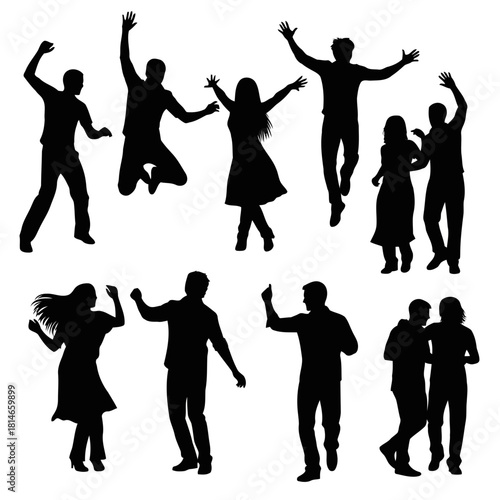 Group of people silhouettes dancing and celebrating with arms raised isolated on