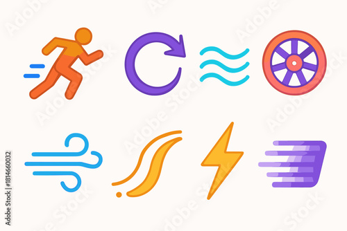 Dynamic Motion Icons. Dynamic Movement flat icons set. running figure, arrow swirl, wave line, spinning wheel, wind gust, curved path, lightning bolt, motion blur