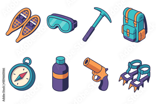 Arctic Gear Icons. Arctic Expedition Gear flat icons set. snowshoes, thermal goggles, ice pick, expedition backpack, compass, insulated canteen, flare gun, crampons