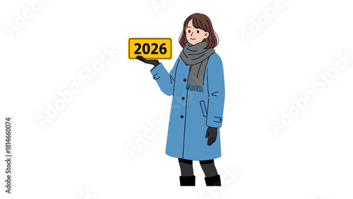 Woman in winter holding 2026 sign: A woman in a winter coat stands, presenting a sign that displays the year 2026, creating a moment of anticipation. 