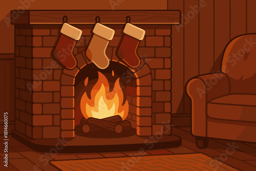 Cozy Holiday Fireplace. Cozy fireplace scene with stockings hung and a soft glow emanating from the flames. The room is warmly lit, creating an inviting atmosphere.. Vector illustration