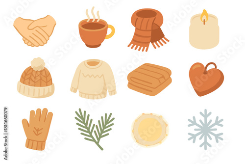 Cozy Winter Icons. Gentle Warmth flat icon set : hands holding, cup of tea, wool scarf, candle jar, knitted hat, cozy sweater, folded blanket, heart charm, wool glove, pine sprig