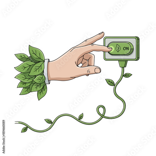 Hand with green leaves pointing at a power button with a plant growing from it, symbolizing ecofriendly energy