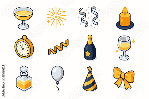 Festive Midnight Icons. Midnight Toast flat icons set. champagne coupe, gold fireworks, silver confetti, glowing candle, elegant clock, ribbon garland, festive bottle, glittering