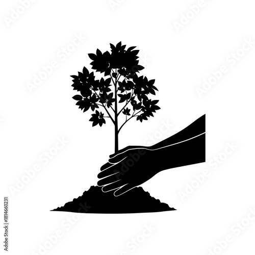 Black silhouette of a hand planting a tree, symbolizing environmental care and sustainability