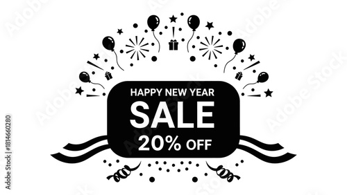 Happy New Year Sale 20% Off: A festive promotion banner with a sleek design, highlighting a special Sale offer for the New Year, creating a visually appealing experience for the celebration.