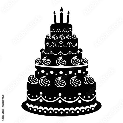 Black and white birthday cake with three tiers, candles, and decorative swirls, isolated on