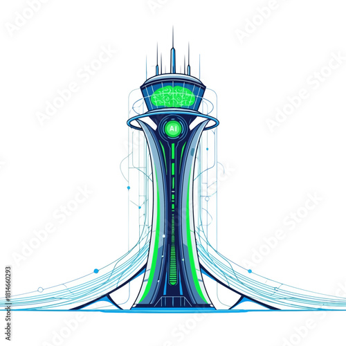 Futuristic architectural tower with glowing green elements and intricate structural design