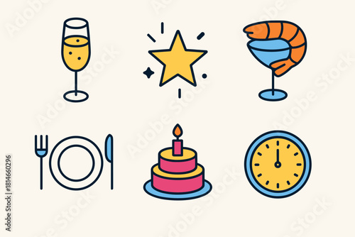Festive New Year Icons. New Year Banquet flat icons set. champagne flute, sparkling star, shrimp cocktail, tiered cake, table setting, clock at midnight