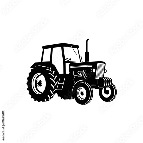 Black and white illustration of a tractor with large wheels, detailed design, agricultural machinery, farming equipment