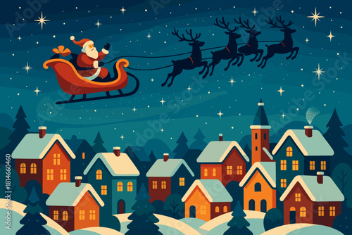 Santa's Magical Night. Snowy village scene with Santa Claus flying overhead in his sleigh, pulled by reindeer. The night sky sparkles with stars, and the rooftops. Vector illustration