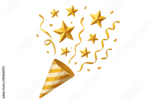 Golden Star Confetti Popper. Cone-shaped confetti popper bursting with golden stars and streamers. The confetti appears to be frozen mid-air, capturing a moment of. Vector illustration