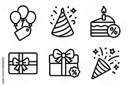 Birthday Bash Icons. Birthday Bash Deals linear icon set : balloon cluster with price tag, party hat with confetti, cake slice with percent badge, gift card with ribbon, wallet