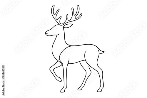 Elegant Reindeer Line Art. Minimalist continuous line drawing of a reindeer, elegantly poised with antlers. Positioned slightly to the side, the reindeer is rendered. Vector illustration