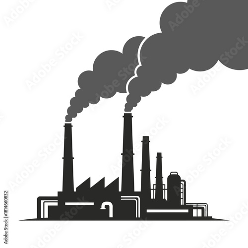 Factory with multiple chimneys emitting black smoke pollution, industrial complex illustration