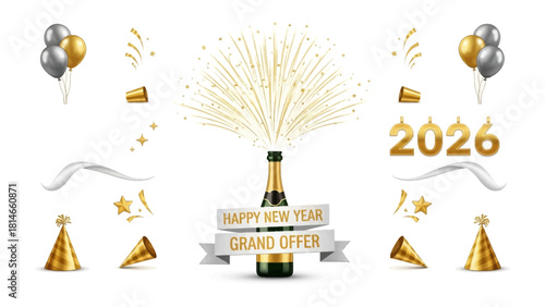 New Year Grand Offer Celebration: Festive elements of the new year, champagne bottle fireworks with gold decoration, party hats and balloons and text indicating grand offer celebration.