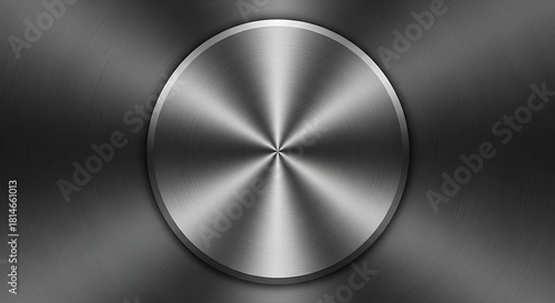 Brushed metal circular button with radial light effect on dark background