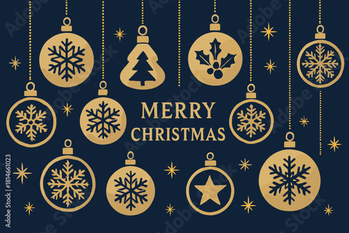Elegant Christmas Ornaments. Collection of Christmas ornaments hangs gracefully against a deep navy backdrop. Each ornament features unique snowflake patterns and. Vector illustration