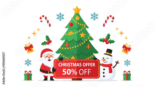 Festive Holiday Offer: A merry illustration presents a Christmas offer. The scene features a jolly figure in a red suit alongside a snowman, framed by candy canes, snowflakes.