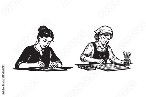 Two women engaged in detailed work at separate desks