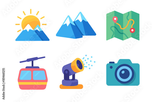 Vibrant Alpine Icons. Alpine Adventure flat icon set: sunrise, peaks, trail map, cable car, snow spray, camera