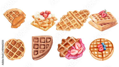 A vibrant watercolor collection of eight different healthy salad bowls with fresh ingredients