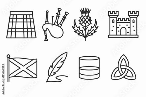 Scottish Heritage Icons. Burns Night Scottish Heritage linear icon set. tartan kilt, bagpipes, thistle flower, stone castle, Scottish flag, poet’s quill, whisky glass, Celtic knot